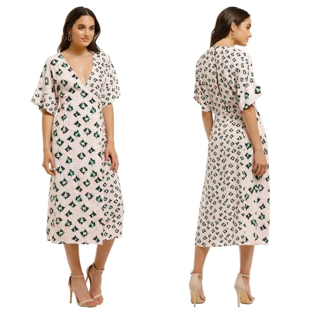 Revolve Suboo Pink & Green Ikat Wrap Cutot Midi Dress - Picture 2 of 11